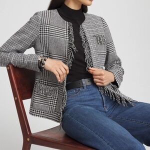 Chico’s NWT Mixed Tweed Fringe Wool Blend Black & White Blazer Jacket NWT Sz 6